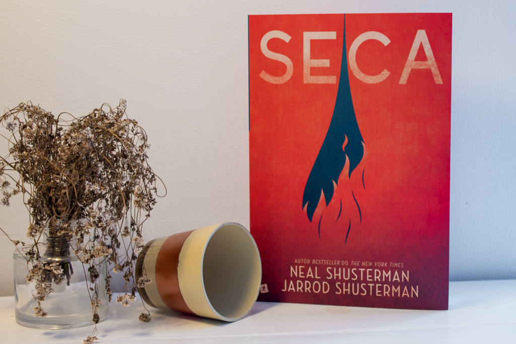 Cover of the book Dry in the Portuguese edition next to the withered flowers.