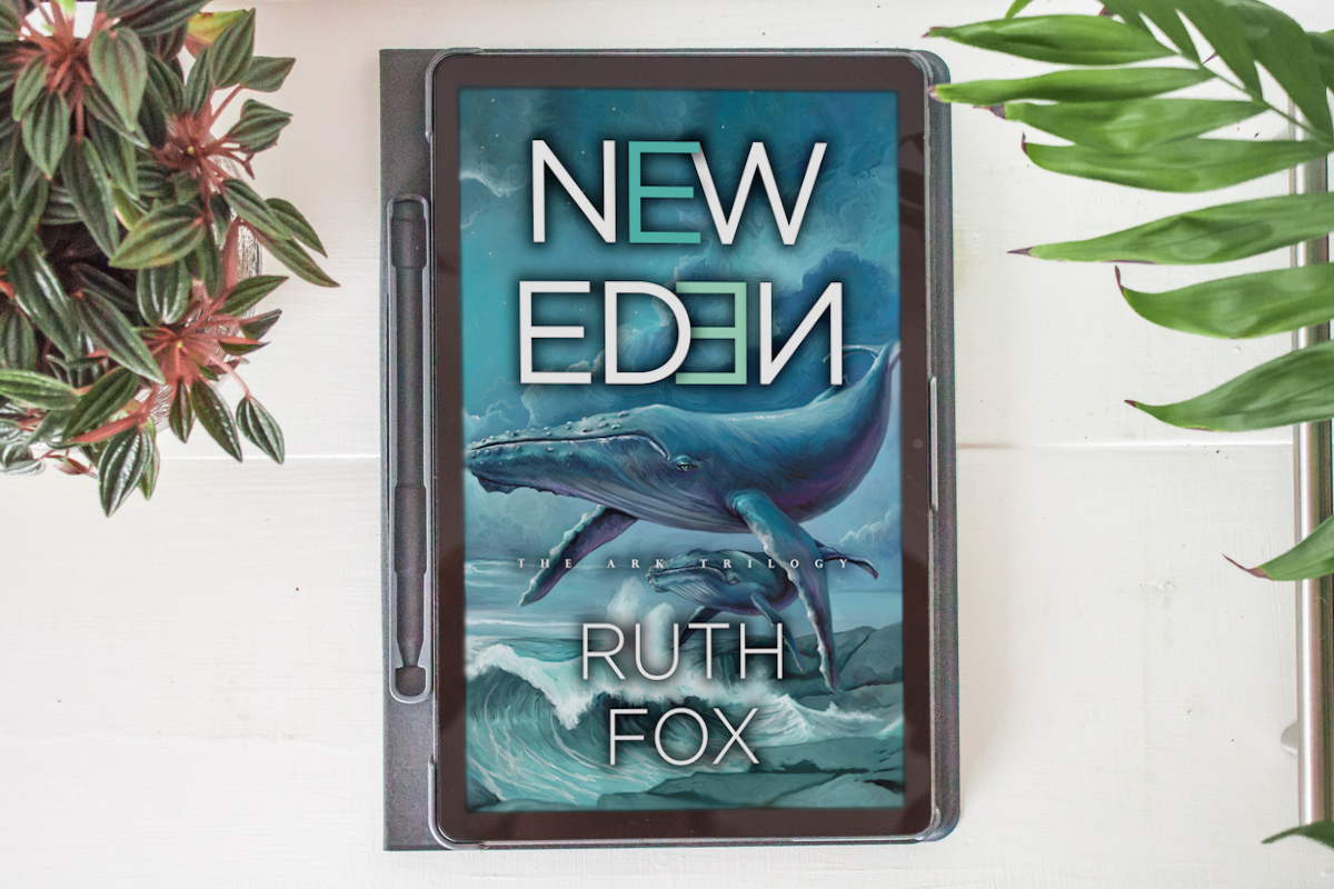 Tablet lying on a table showing the colour cover of New Eden by Ruth Fox.