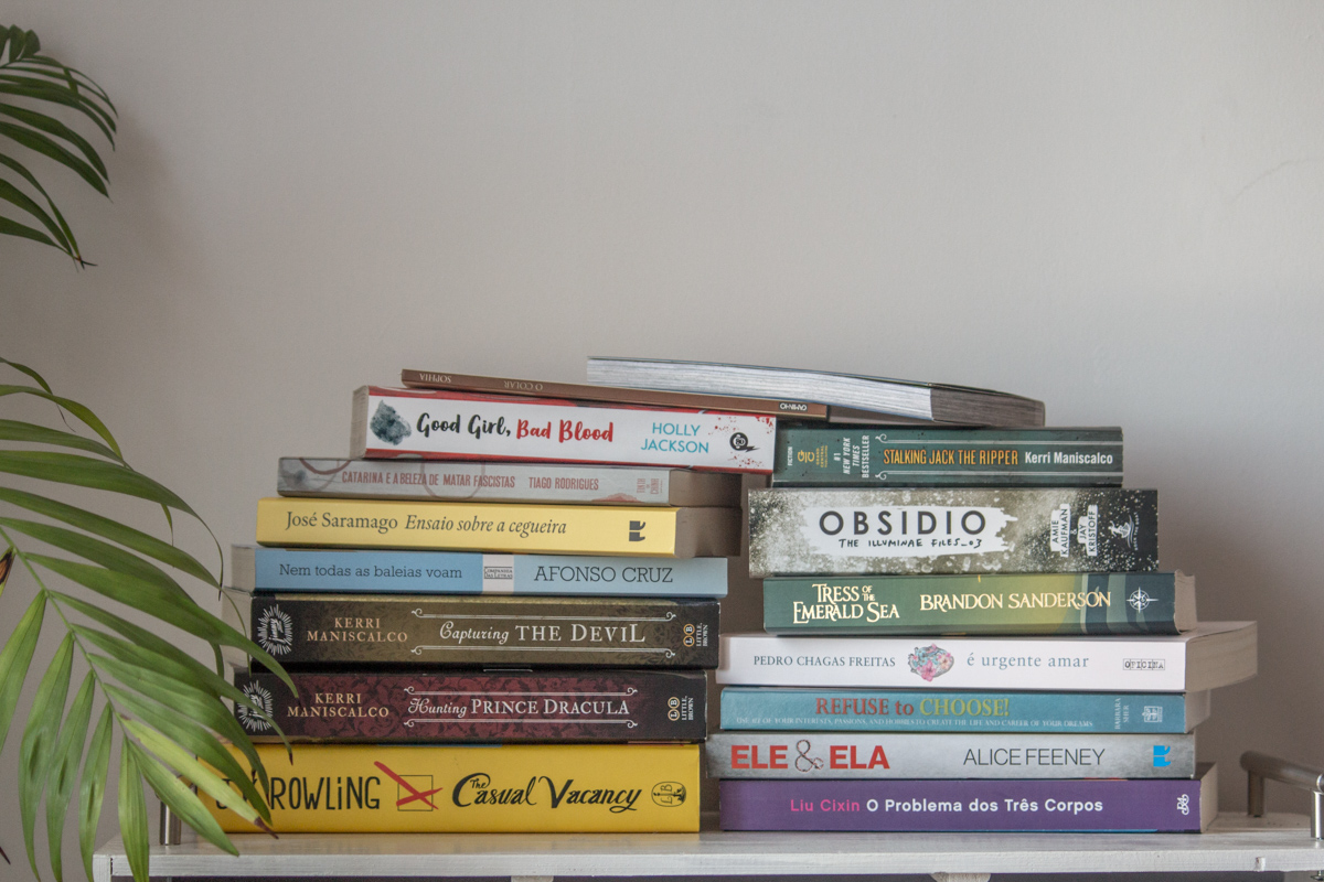 Stackof all the physical books read for the Hardest Reading Challenge.